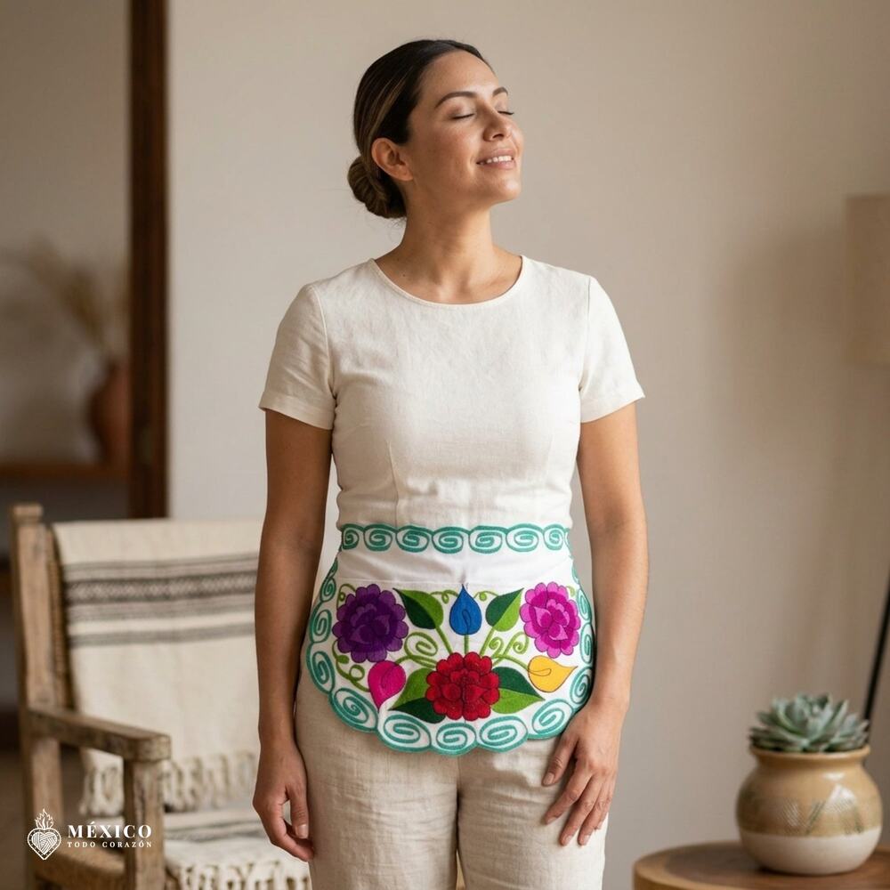 Mexican Embroidered Waist Apron – Floral Pocket Design, Traditional Tie Apron